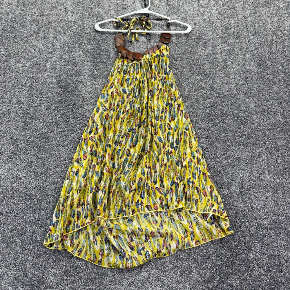 Ya Los Angeles Halter Dress Womens Small Yellow Feather Silk Blend Beaded Boho